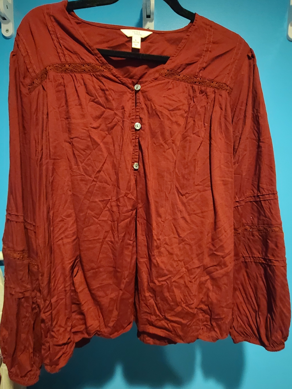 Time and Tru Rust Red Button-Front Boho Blouse